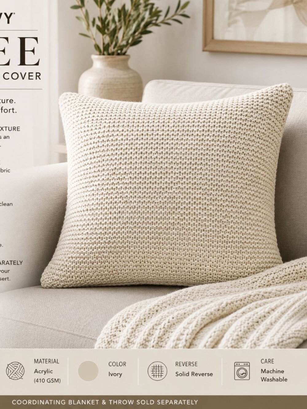 INK+IVY Bree Knit Square Throw Pillow Cover, Ivory